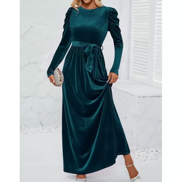 imageZESICA Womens Velvet Maxi Dress Long Puff Sleeve Crew Neck Elastic High Waist Cocktail Party Bridesmaid DressesTeal Green
