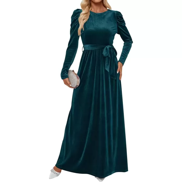 imageZESICA Womens Velvet Maxi Dress Long Puff Sleeve Crew Neck Elastic High Waist Cocktail Party Bridesmaid DressesTeal Green