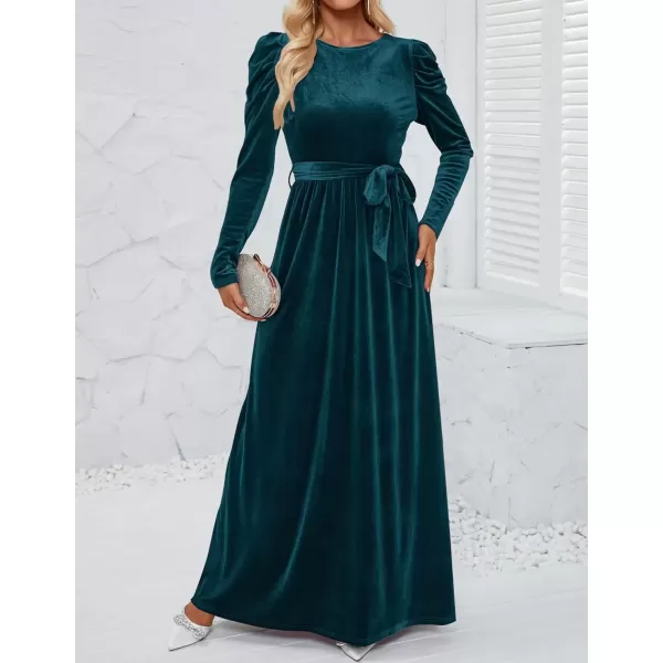 imageZESICA Womens Velvet Maxi Dress Long Puff Sleeve Crew Neck Elastic High Waist Cocktail Party Bridesmaid DressesTeal Green