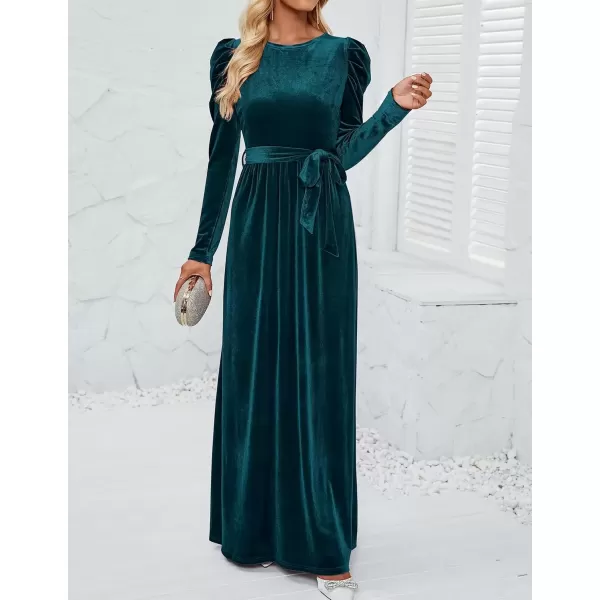 imageZESICA Womens Velvet Maxi Dress Long Puff Sleeve Crew Neck Elastic High Waist Cocktail Party Bridesmaid DressesTeal Green