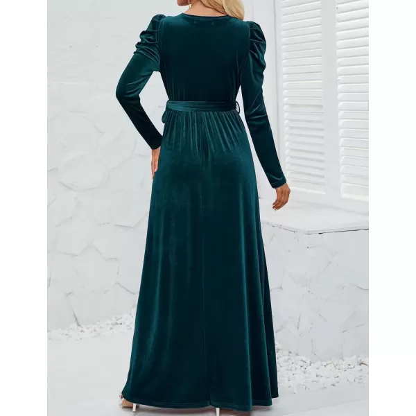 imageZESICA Womens Velvet Maxi Dress Long Puff Sleeve Crew Neck Elastic High Waist Cocktail Party Bridesmaid DressesTeal Green