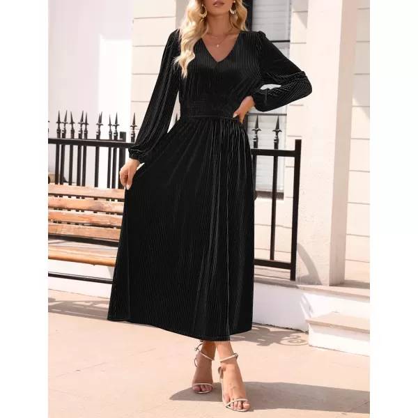 imageZESICA Womens Velvet Midi Dress Casual V Neck Long Sleeve Solid Color Elastic High Waist Flowy Evening Party DressesBlack