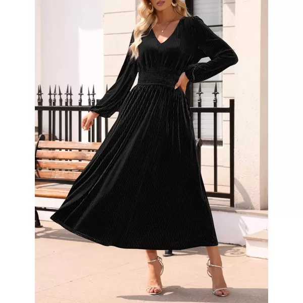 imageZESICA Womens Velvet Midi Dress Casual V Neck Long Sleeve Solid Color Elastic High Waist Flowy Evening Party DressesBlack