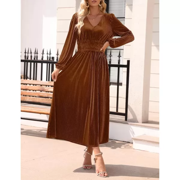 imageZESICA Womens Velvet Midi Dress Casual V Neck Long Sleeve Solid Color Elastic High Waist Flowy Evening Party DressesCaramel