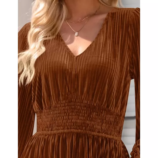 imageZESICA Womens Velvet Midi Dress Casual V Neck Long Sleeve Solid Color Elastic High Waist Flowy Evening Party DressesCaramel