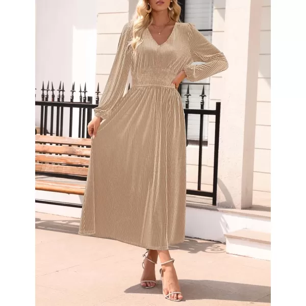 imageZESICA Womens Velvet Midi Dress Casual V Neck Long Sleeve Solid Color Elastic High Waist Flowy Evening Party DressesChampagne