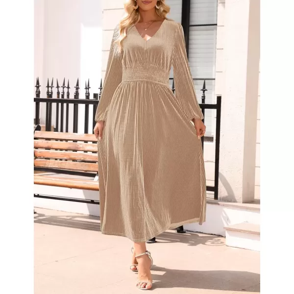 imageZESICA Womens Velvet Midi Dress Casual V Neck Long Sleeve Solid Color Elastic High Waist Flowy Evening Party DressesChampagne