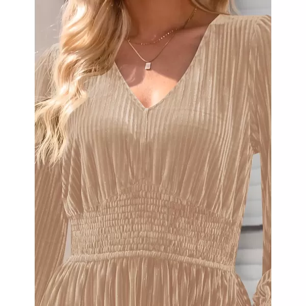 imageZESICA Womens Velvet Midi Dress Casual V Neck Long Sleeve Solid Color Elastic High Waist Flowy Evening Party DressesChampagne