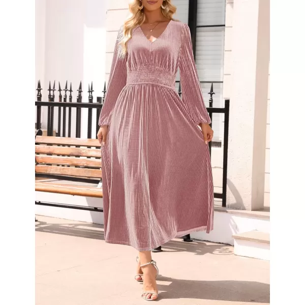 imageZESICA Womens Velvet Midi Dress Casual V Neck Long Sleeve Solid Color Elastic High Waist Flowy Evening Party DressesDusty Pink