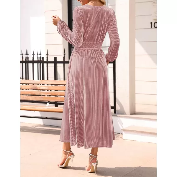 imageZESICA Womens Velvet Midi Dress Casual V Neck Long Sleeve Solid Color Elastic High Waist Flowy Evening Party DressesDusty Pink