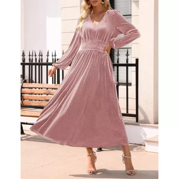 imageZESICA Womens Velvet Midi Dress Casual V Neck Long Sleeve Solid Color Elastic High Waist Flowy Evening Party DressesDusty Pink