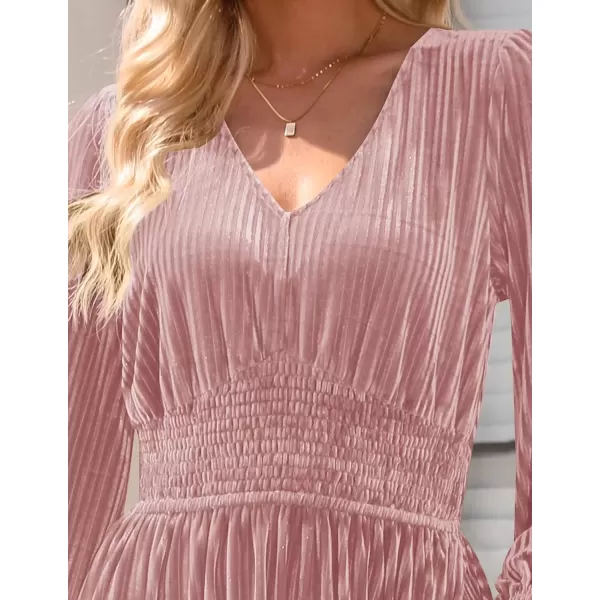 imageZESICA Womens Velvet Midi Dress Casual V Neck Long Sleeve Solid Color Elastic High Waist Flowy Evening Party DressesDusty Pink