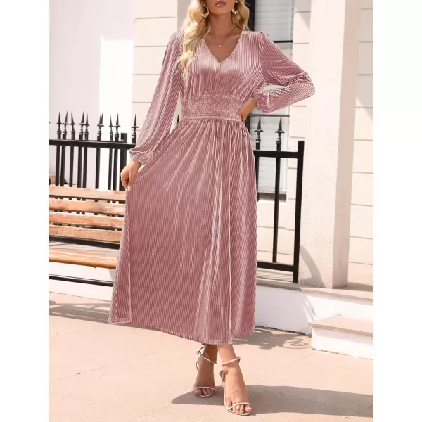 imageZESICA Womens Velvet Midi Dress Casual V Neck Long Sleeve Solid Color Elastic High Waist Flowy Evening Party DressesDusty Pink
