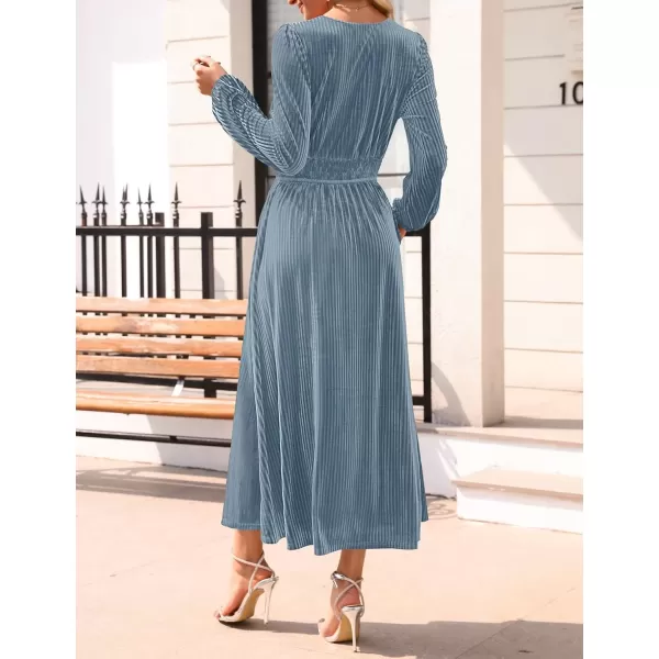 imageZESICA Womens Velvet Midi Dress Casual V Neck Long Sleeve Solid Color Elastic High Waist Flowy Evening Party DressesGrey Blue