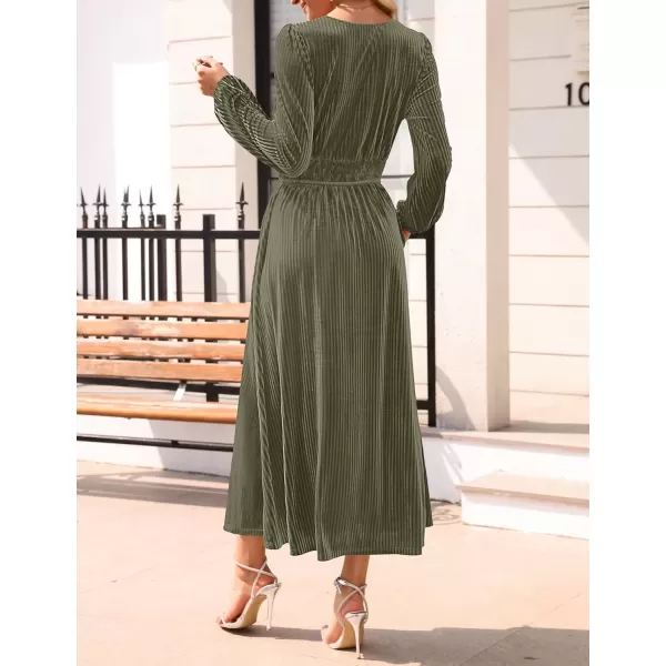 imageZESICA Womens Velvet Midi Dress Casual V Neck Long Sleeve Solid Color Elastic High Waist Flowy Evening Party DressesOlive Green