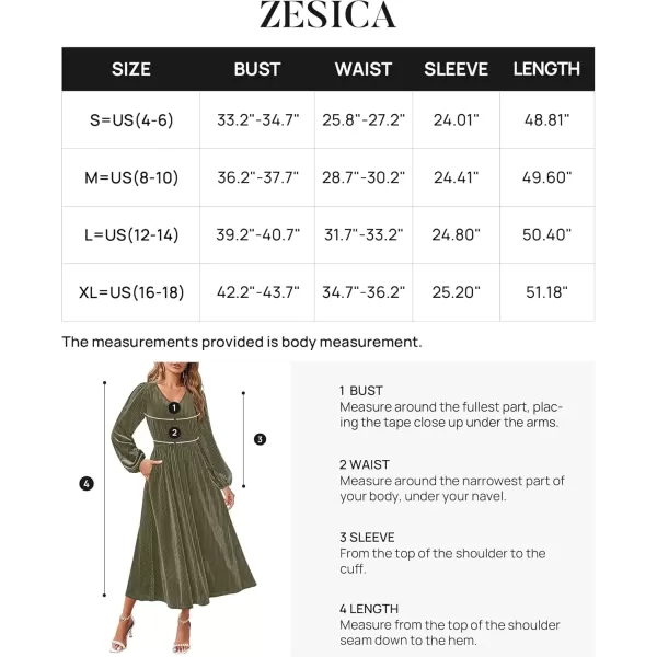 imageZESICA Womens Velvet Midi Dress Casual V Neck Long Sleeve Solid Color Elastic High Waist Flowy Evening Party DressesOlive Green