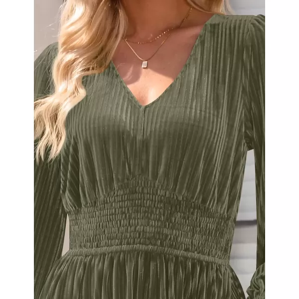 imageZESICA Womens Velvet Midi Dress Casual V Neck Long Sleeve Solid Color Elastic High Waist Flowy Evening Party DressesOlive Green