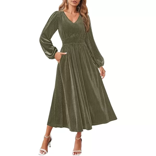 imageZESICA Womens Velvet Midi Dress Casual V Neck Long Sleeve Solid Color Elastic High Waist Flowy Evening Party DressesOlive Green