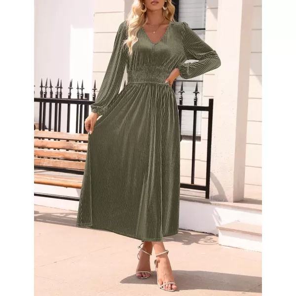 imageZESICA Womens Velvet Midi Dress Casual V Neck Long Sleeve Solid Color Elastic High Waist Flowy Evening Party DressesOlive Green