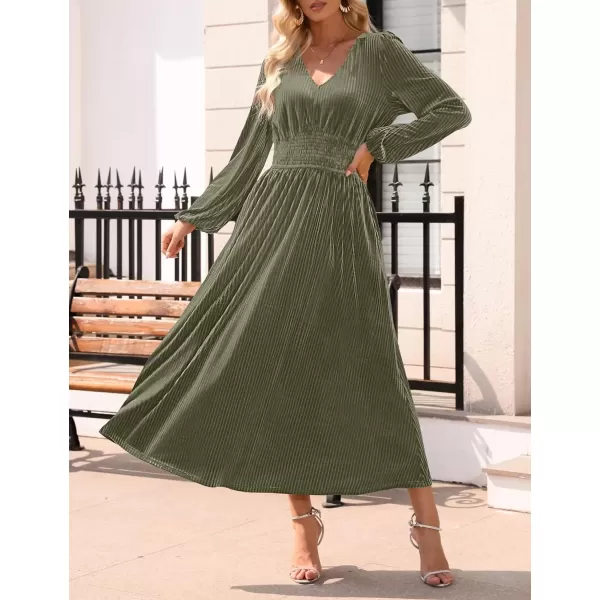 imageZESICA Womens Velvet Midi Dress Casual V Neck Long Sleeve Solid Color Elastic High Waist Flowy Evening Party DressesOlive Green