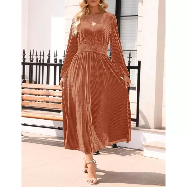 imageZESICA Womens Velvet Midi Dress Casual V Neck Long Sleeve Solid Color Elastic High Waist Flowy Evening Party DressesOrange Red