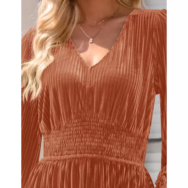 imageZESICA Womens Velvet Midi Dress Casual V Neck Long Sleeve Solid Color Elastic High Waist Flowy Evening Party DressesOrange Red