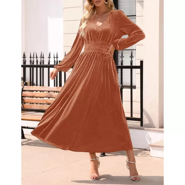 imageZESICA Womens Velvet Midi Dress Casual V Neck Long Sleeve Solid Color Elastic High Waist Flowy Evening Party DressesOrange Red