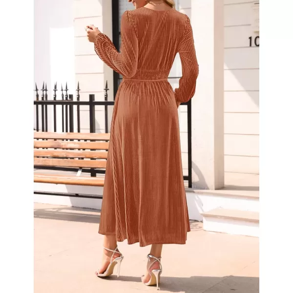 imageZESICA Womens Velvet Midi Dress Casual V Neck Long Sleeve Solid Color Elastic High Waist Flowy Evening Party DressesOrange Red