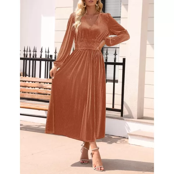 imageZESICA Womens Velvet Midi Dress Casual V Neck Long Sleeve Solid Color Elastic High Waist Flowy Evening Party DressesOrange Red