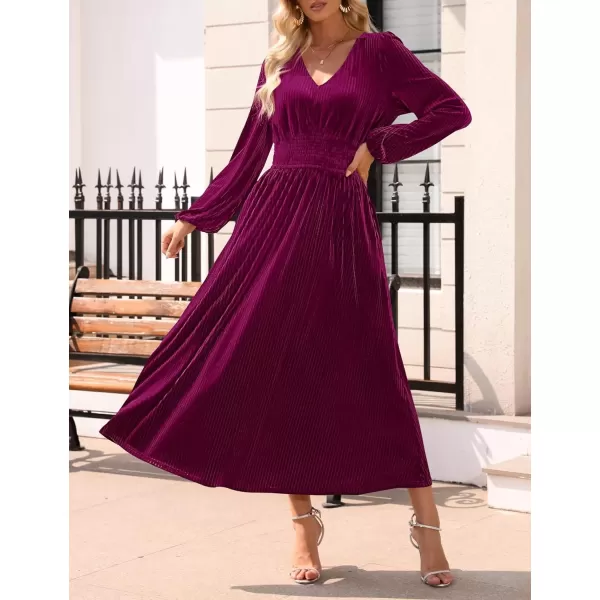 imageZESICA Womens Velvet Midi Dress Casual V Neck Long Sleeve Solid Color Elastic High Waist Flowy Evening Party DressesPlum