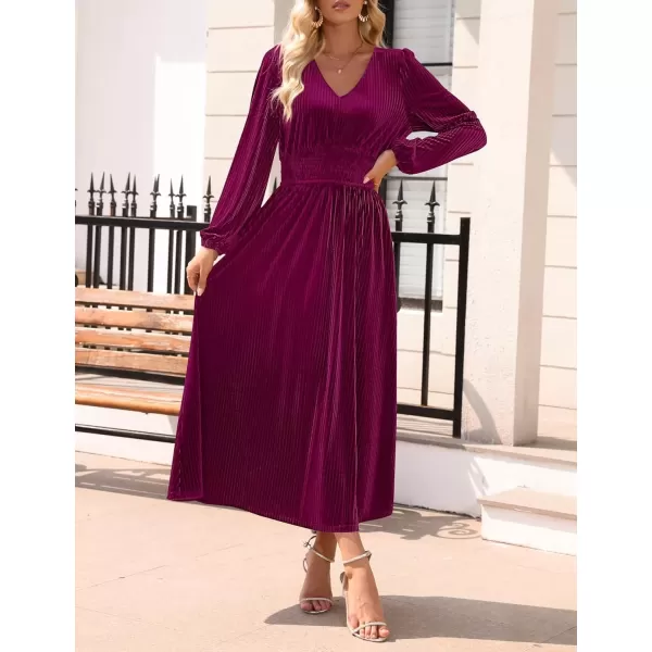 imageZESICA Womens Velvet Midi Dress Casual V Neck Long Sleeve Solid Color Elastic High Waist Flowy Evening Party DressesPlum