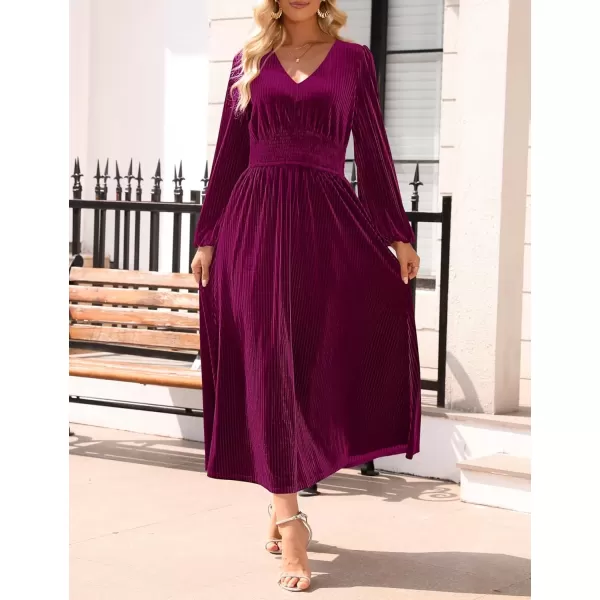 imageZESICA Womens Velvet Midi Dress Casual V Neck Long Sleeve Solid Color Elastic High Waist Flowy Evening Party DressesPlum