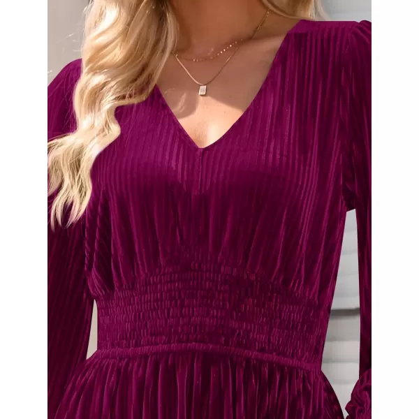 imageZESICA Womens Velvet Midi Dress Casual V Neck Long Sleeve Solid Color Elastic High Waist Flowy Evening Party DressesPlum