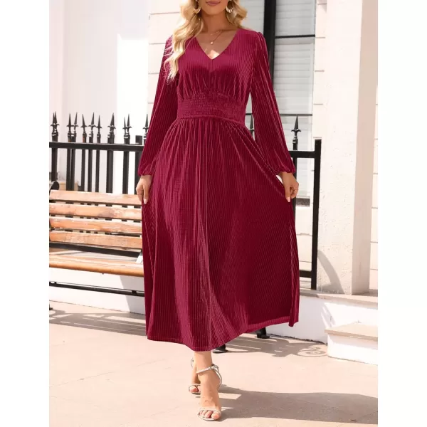 imageZESICA Womens Velvet Midi Dress Casual V Neck Long Sleeve Solid Color Elastic High Waist Flowy Evening Party DressesWine Red