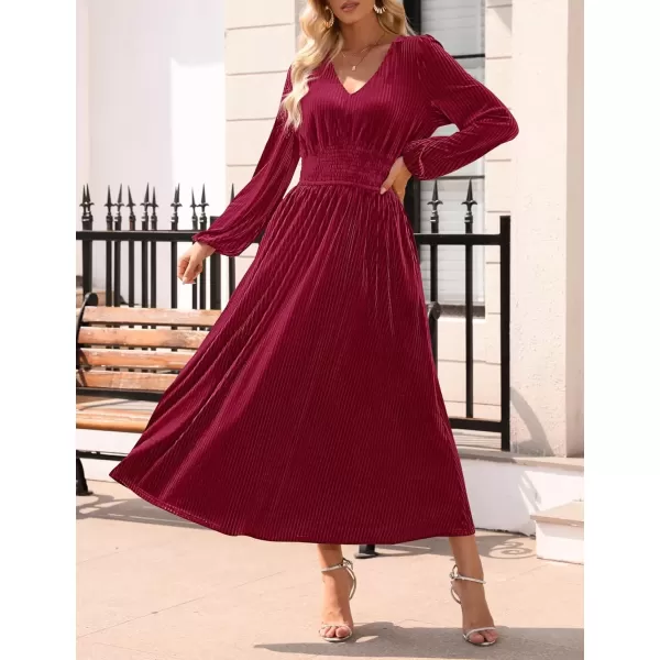 imageZESICA Womens Velvet Midi Dress Casual V Neck Long Sleeve Solid Color Elastic High Waist Flowy Evening Party DressesWine Red