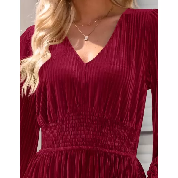 imageZESICA Womens Velvet Midi Dress Casual V Neck Long Sleeve Solid Color Elastic High Waist Flowy Evening Party DressesWine Red