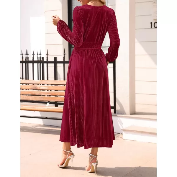 imageZESICA Womens Velvet Midi Dress Casual V Neck Long Sleeve Solid Color Elastic High Waist Flowy Evening Party DressesWine Red