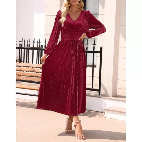 imageZESICA Womens Velvet Midi Dress Casual V Neck Long Sleeve Solid Color Elastic High Waist Flowy Evening Party DressesWine Red