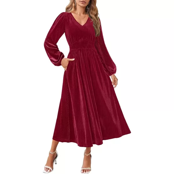 imageZESICA Womens Velvet Midi Dress Casual V Neck Long Sleeve Solid Color Elastic High Waist Flowy Evening Party DressesWine Red