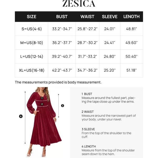 imageZESICA Womens Velvet Midi Dress Casual V Neck Long Sleeve Solid Color Elastic High Waist Flowy Evening Party DressesWine Red
