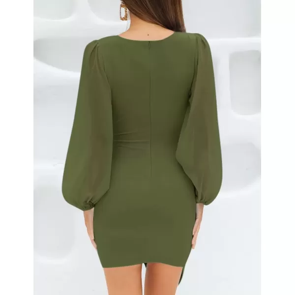 imageZESICA Womens Wrap V Neck Bodycon Mini Dress Puff Long Sleeve Ruched Asymmetrical Hem Cocktail Party Short DressesArmygreen
