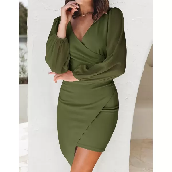 imageZESICA Womens Wrap V Neck Bodycon Mini Dress Puff Long Sleeve Ruched Asymmetrical Hem Cocktail Party Short DressesArmygreen
