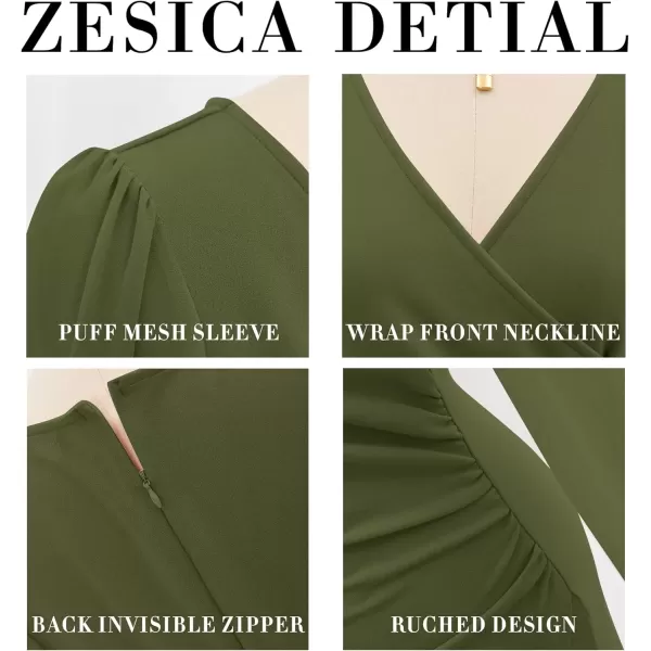 imageZESICA Womens Wrap V Neck Bodycon Mini Dress Puff Long Sleeve Ruched Asymmetrical Hem Cocktail Party Short DressesArmygreen