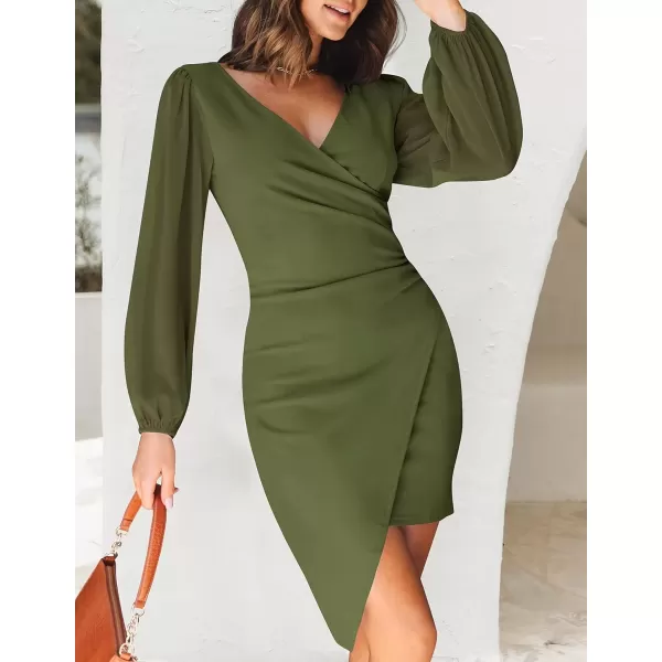 imageZESICA Womens Wrap V Neck Bodycon Mini Dress Puff Long Sleeve Ruched Asymmetrical Hem Cocktail Party Short DressesArmygreen