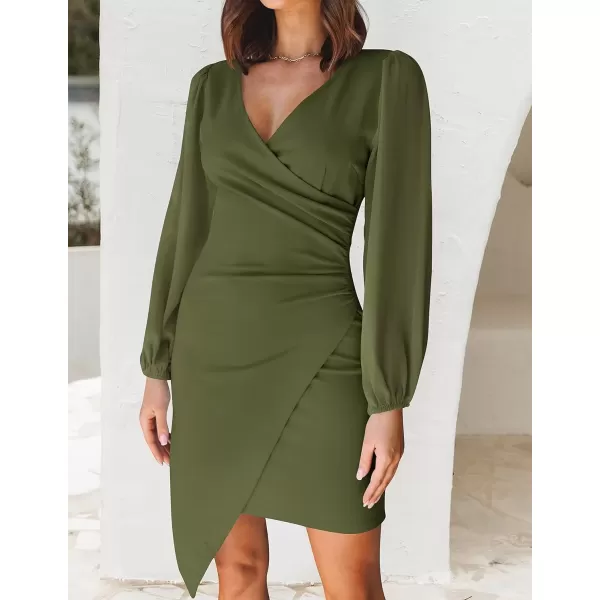 imageZESICA Womens Wrap V Neck Bodycon Mini Dress Puff Long Sleeve Ruched Asymmetrical Hem Cocktail Party Short DressesArmygreen