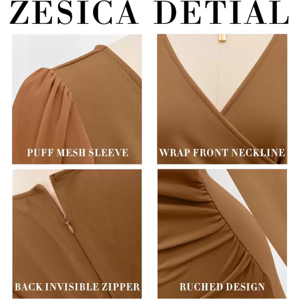 imageZESICA Womens Wrap V Neck Bodycon Mini Dress Puff Long Sleeve Ruched Asymmetrical Hem Cocktail Party Short DressesBrown