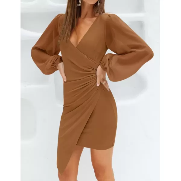 imageZESICA Womens Wrap V Neck Bodycon Mini Dress Puff Long Sleeve Ruched Asymmetrical Hem Cocktail Party Short DressesBrown