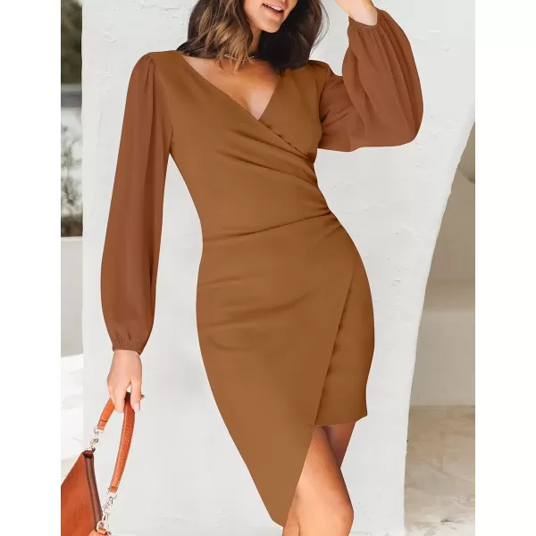 imageZESICA Womens Wrap V Neck Bodycon Mini Dress Puff Long Sleeve Ruched Asymmetrical Hem Cocktail Party Short DressesBrown