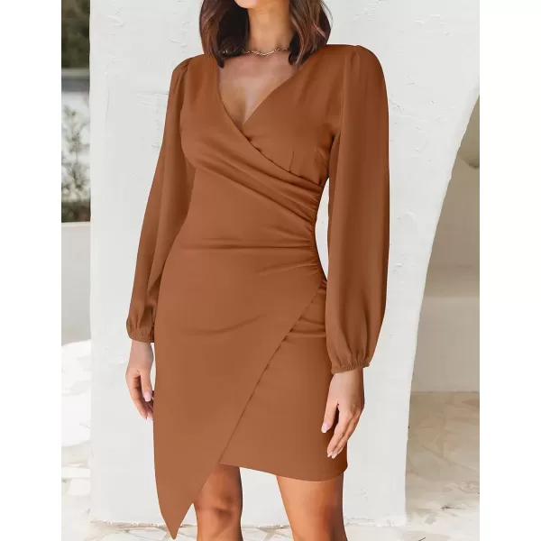 imageZESICA Womens Wrap V Neck Bodycon Mini Dress Puff Long Sleeve Ruched Asymmetrical Hem Cocktail Party Short DressesBrown
