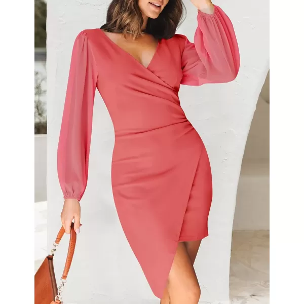 imageZESICA Womens Wrap V Neck Bodycon Mini Dress Puff Long Sleeve Ruched Asymmetrical Hem Cocktail Party Short DressesCoral